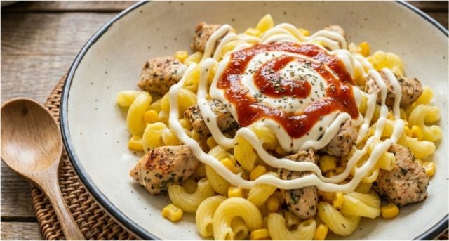 Těstovinový salát s kuřecím masem a pikantním dipem – teplý i studený