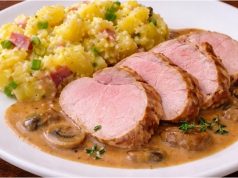 Vepřová panenka se smetanovou žampionovou omáčkou a šťouchanými bramborami