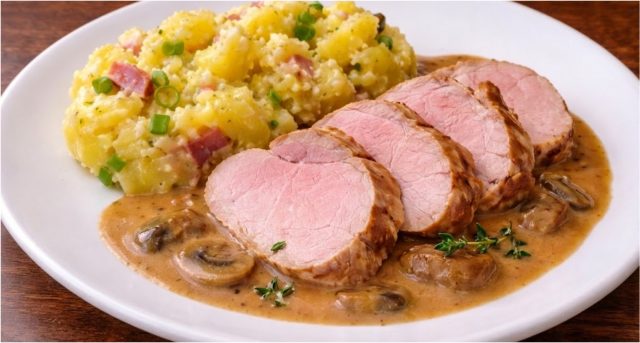 Vepřová panenka se smetanovou žampionovou omáčkou a šťouchanými bramborami