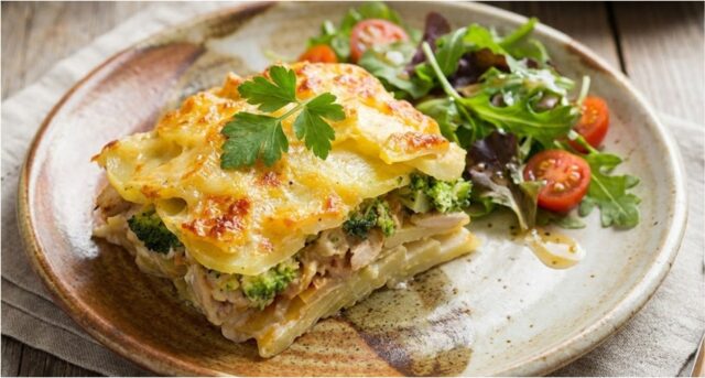 Zapečené brambory s kuřecím masem, brokolicí a syrečky – poctivý oběd z jednoho pekáčku