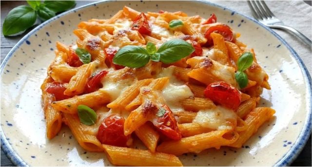 zapečené těstoviny (2) Krémové zapečené těstoviny s rajčaty a mozzarellou – rychlá večeře z trouby