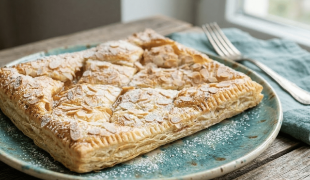 Rychlý dezert z listového těsta s džemem a mandlemi: křupavá sladkost ke kávě