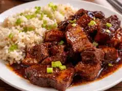 Pečený bůček po asijsku, který se rozpadá na jazyku s rýží Asijský pečený bůček s medem, sójovou omáčkou a zázvorem