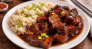 Pečený bůček po asijsku, který se rozpadá na jazyku s rýží Asijský pečený bůček s medem, sójovou omáčkou a zázvorem