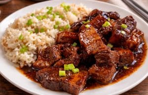 Pečený bůček po asijsku, který se rozpadá na jazyku s rýží