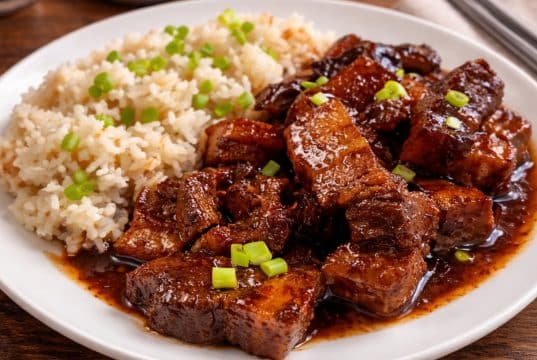 Pečený bůček po asijsku, který se rozpadá na jazyku s rýží