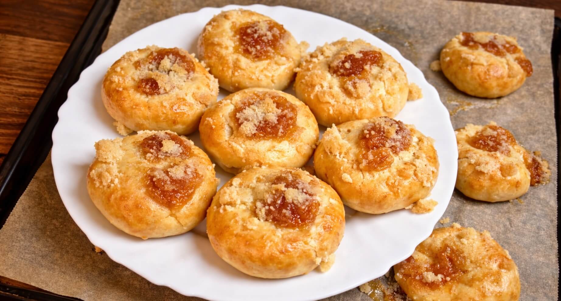 Detail nakousnutého domácího koláčku s tvarohem, marmeládou a drobenkou drženého v ruce, v pozadí talíř s upečenými koláčky.