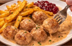 Švédské masové kuličky s omáčkou, hranolkami a brusinkami