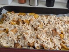 Zapečená krkovice s bramborami a žampionovým krémem: Královská hostina z jednoho plechu Zapečená krkovice s bramborami a smetanovo-žampionovou omáčkou: luxusní rodinný oběd z trouby