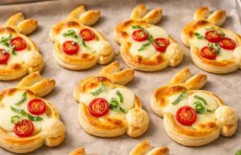 Slaní velikonoční zajíčci z listového těsta: Bleskové pohoštění s mozzarellou a rajčátky Slaní velikonoční zajíčci z listového těsta: bleskové mini pizzy za 20 minut