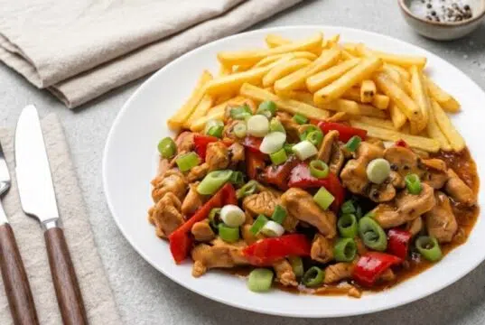 Rychlá kuřecí směs s pórkem a kapií: Ideální bleskový oběd k hranolkům Kuřecí směs s hranolky na talíři.