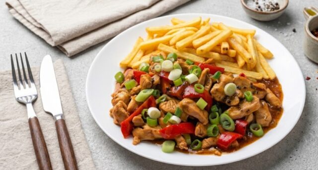 Kuřecí směs s hranolky na talíři.