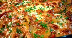 Krémové zapečené brambory se šunkou, pórkem a kapií: Jednoduchý oběd z jednoho pekáčku