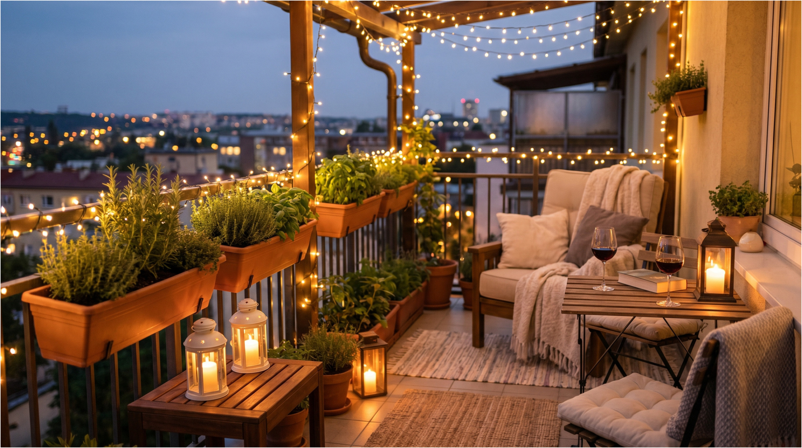 Balkon osvětlený světýlky.