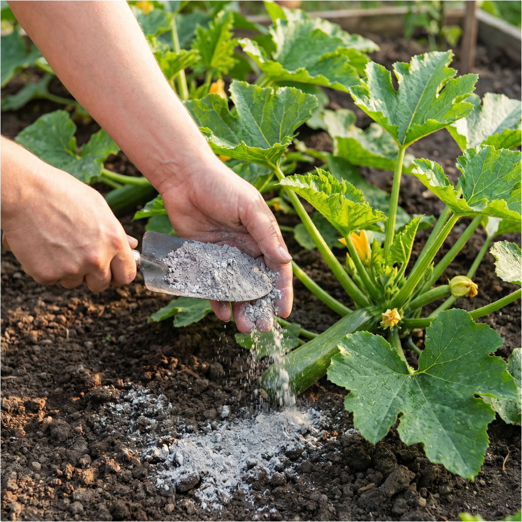 Dřevěný popel jako hnojivo pro cukety.