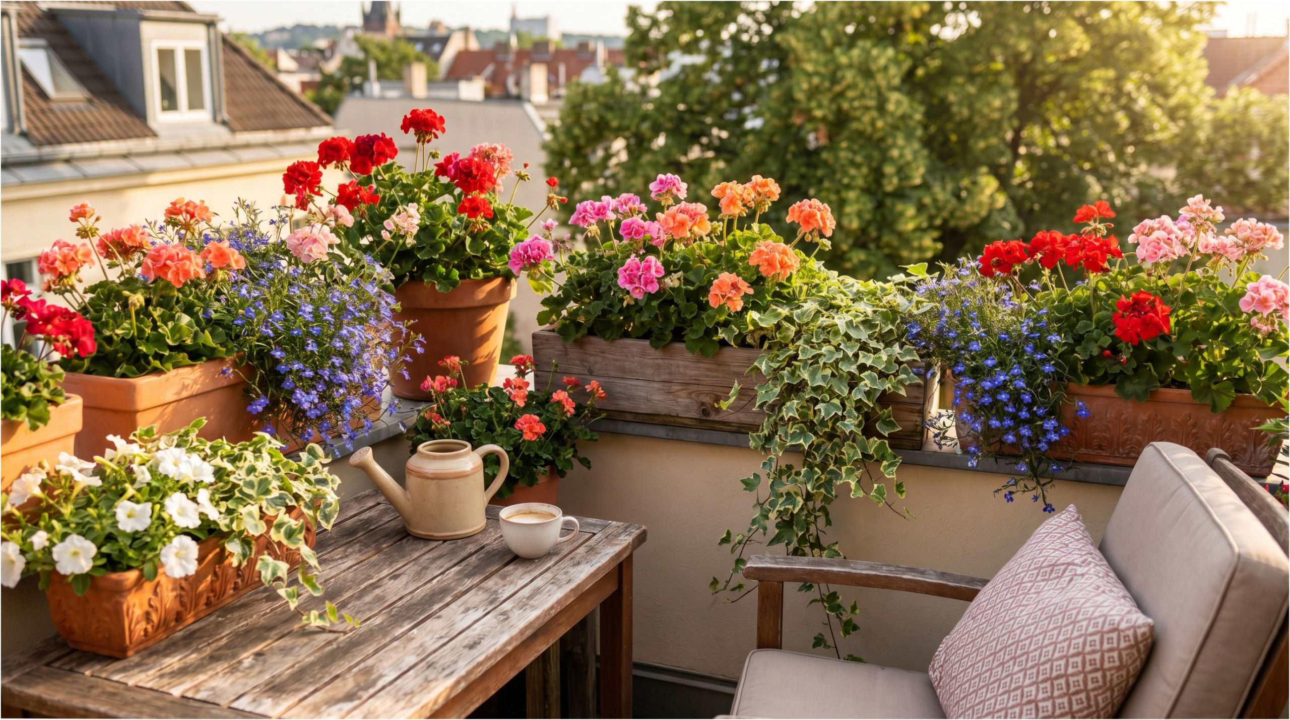 Krásný balkon s osázenými truhlíky.