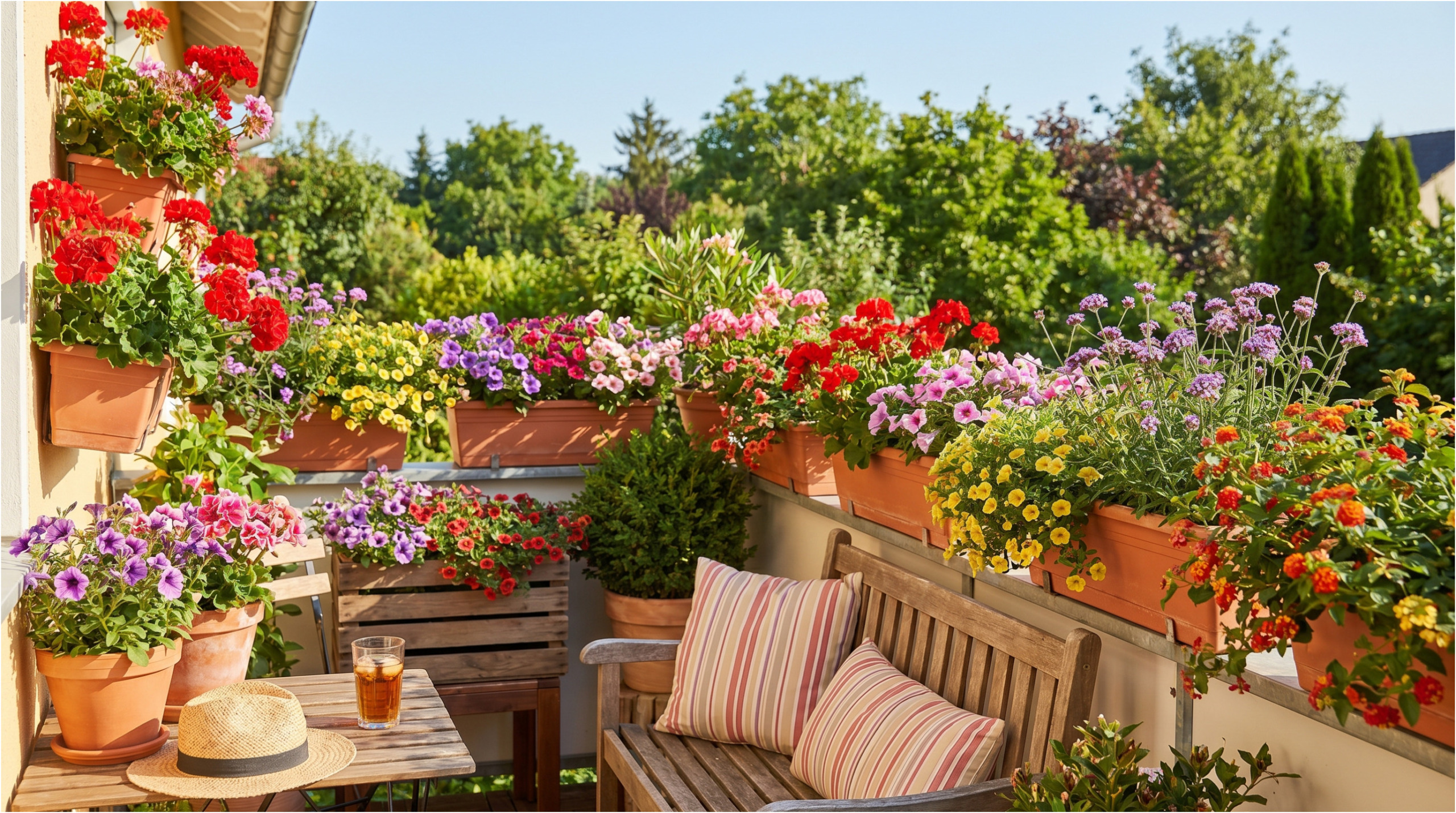 Letní balkon plný květin, které snášejí slunce.