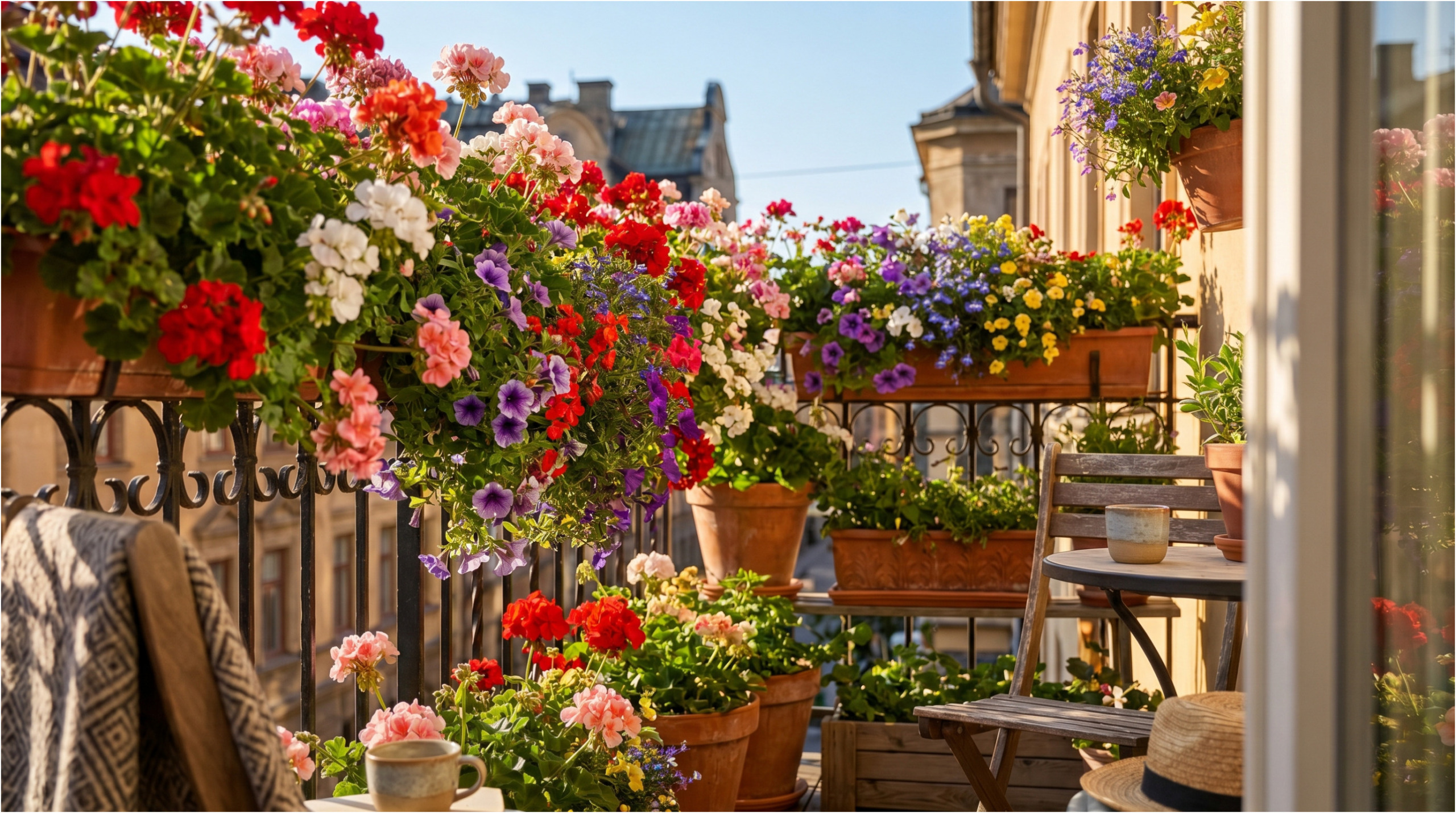 Muškáty a petúnie rozzáří balkon.