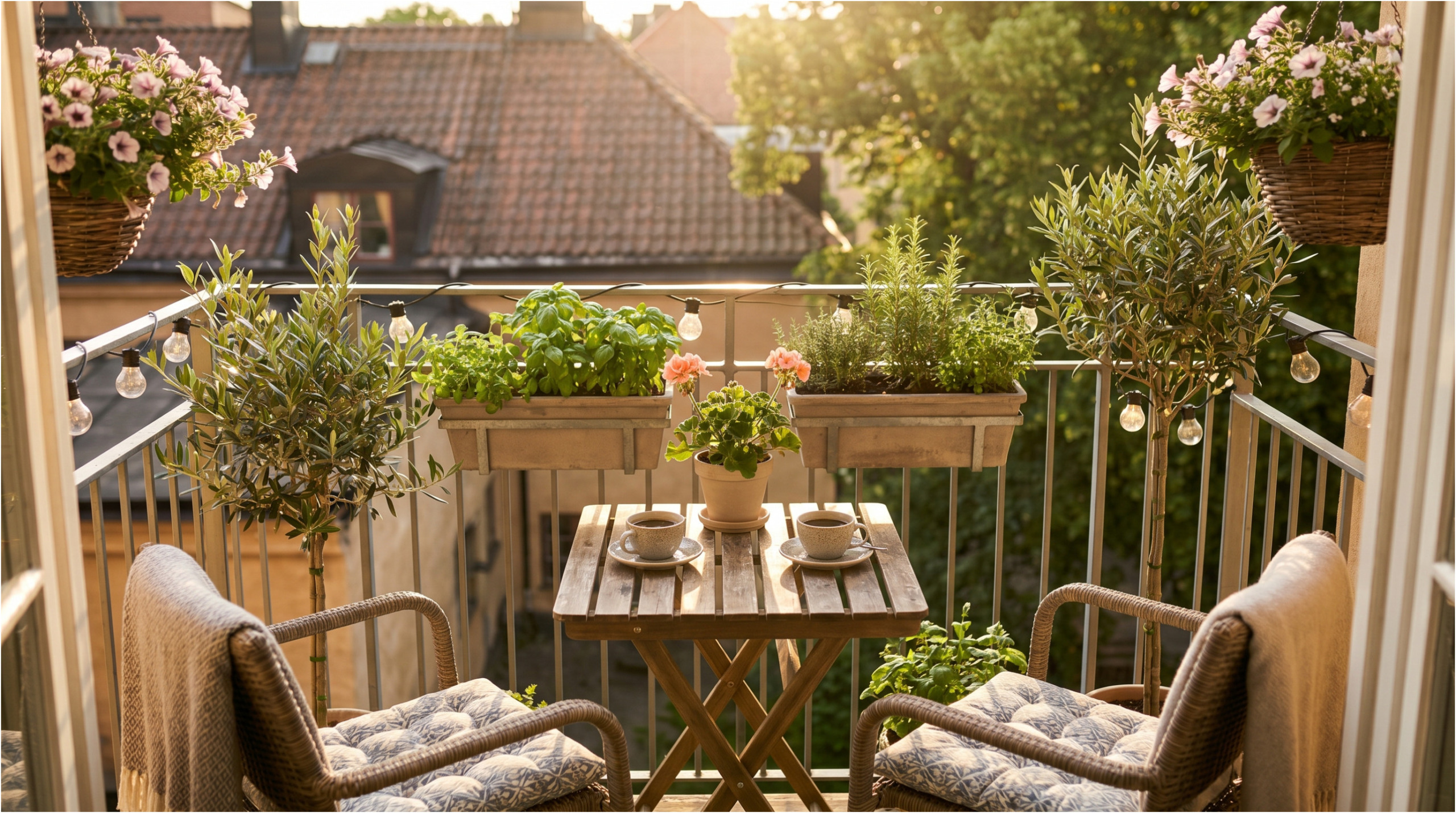 Útulný balkon pro ranní kávu.
