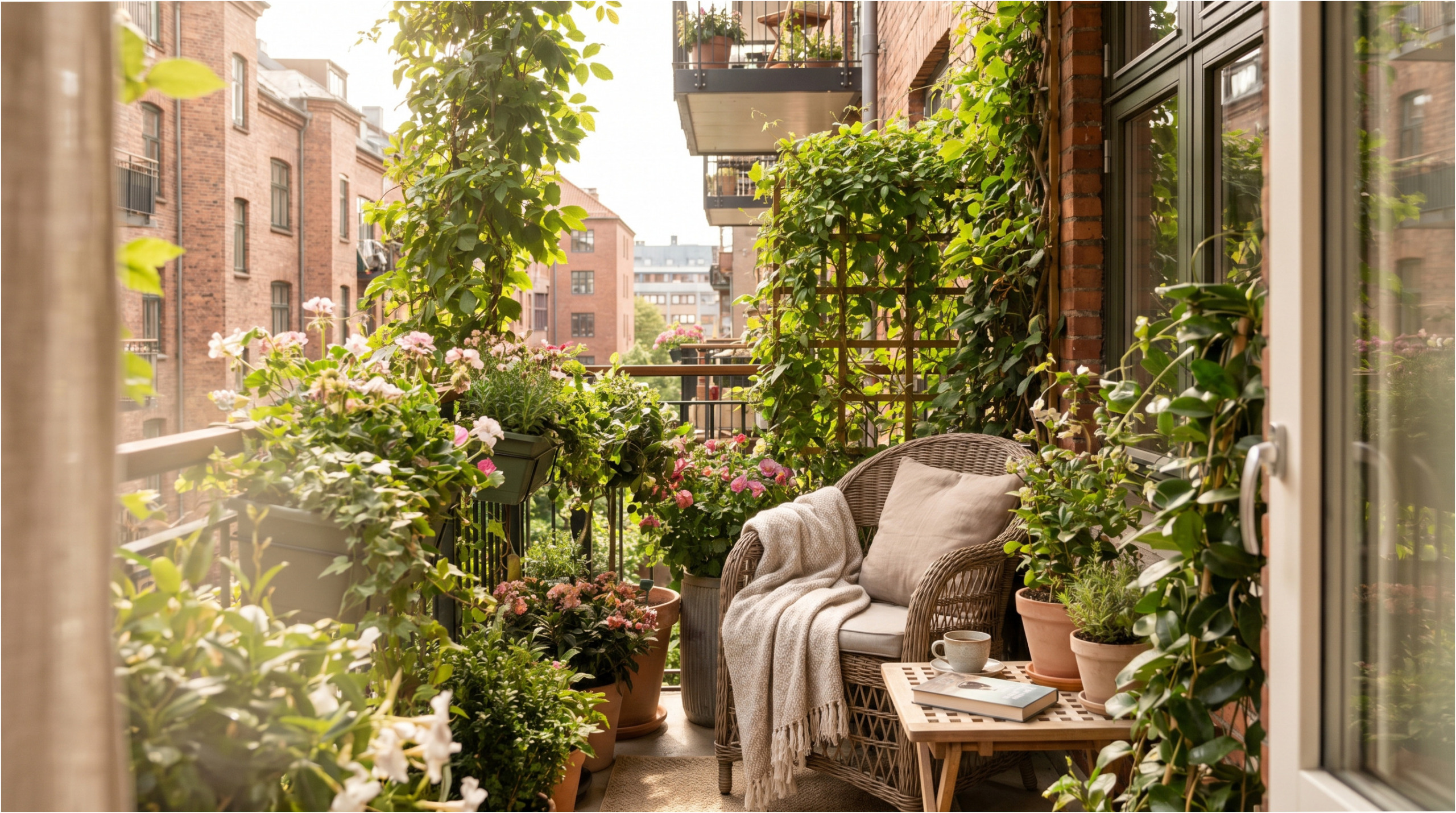 Útulný malý balkon s rostlinami a kávou.