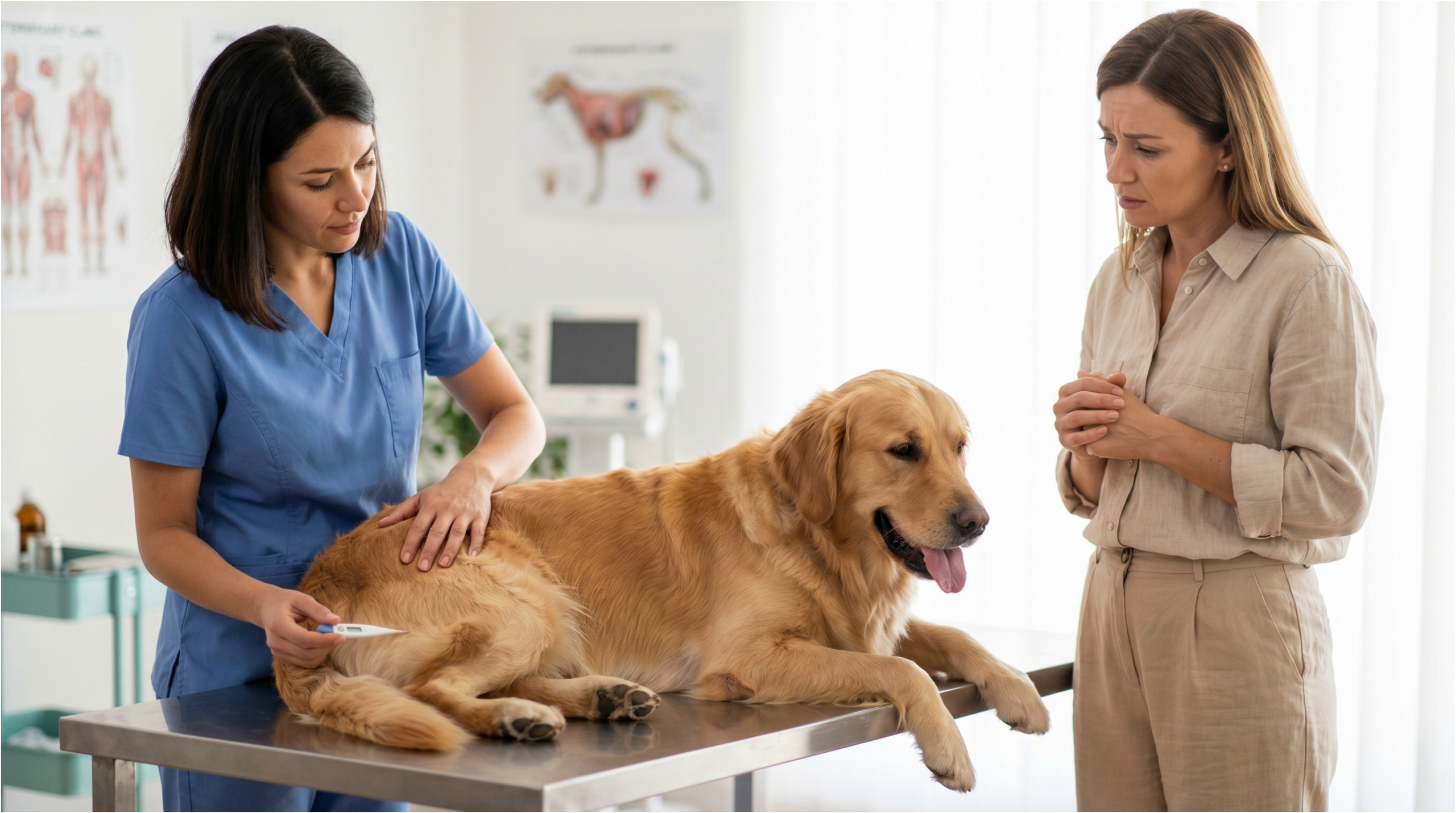 Veterinář kontroluje psa s příznaky přehřátí.