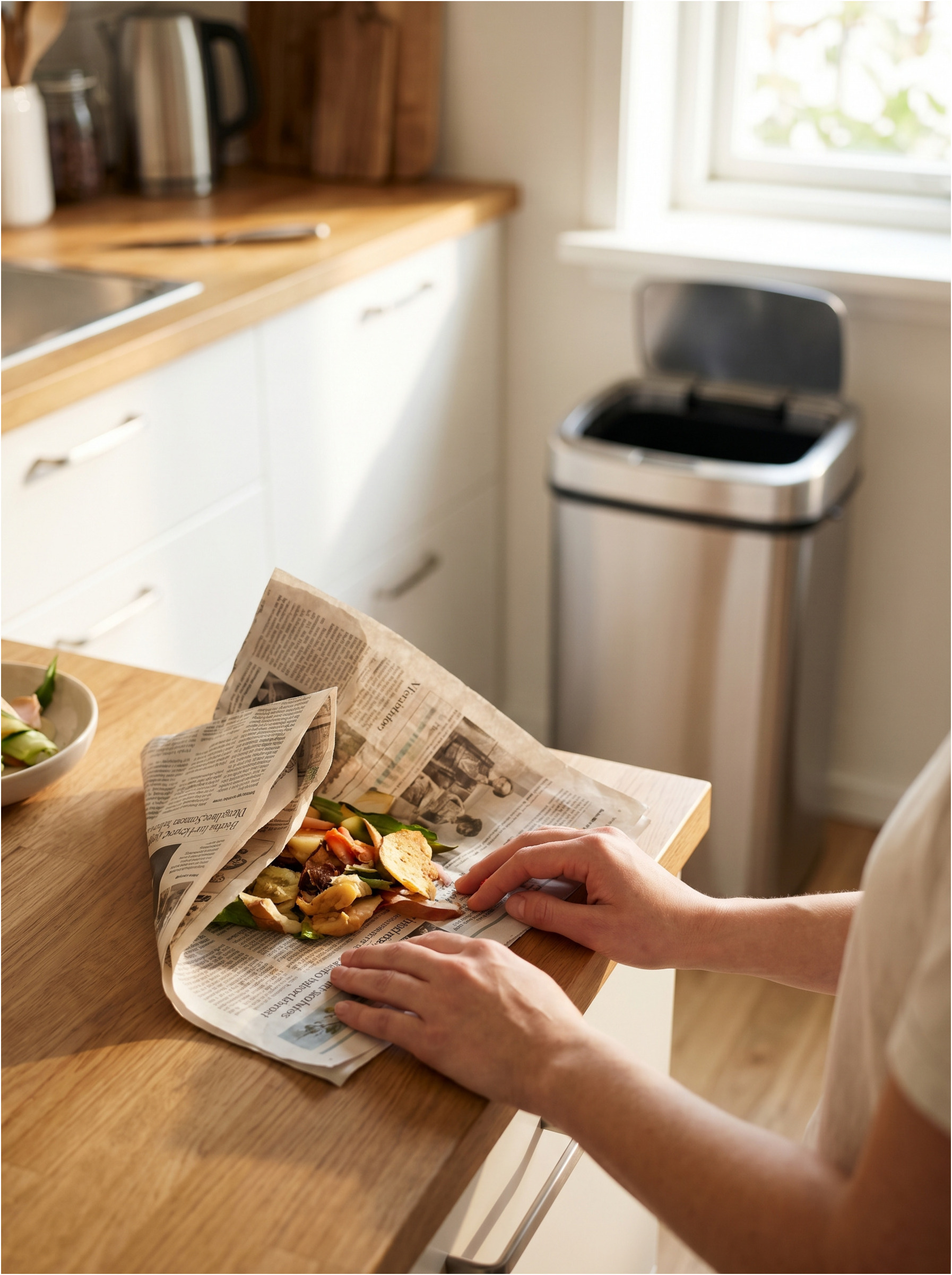 Zabalení masných odpadů do novin před vyhozením.