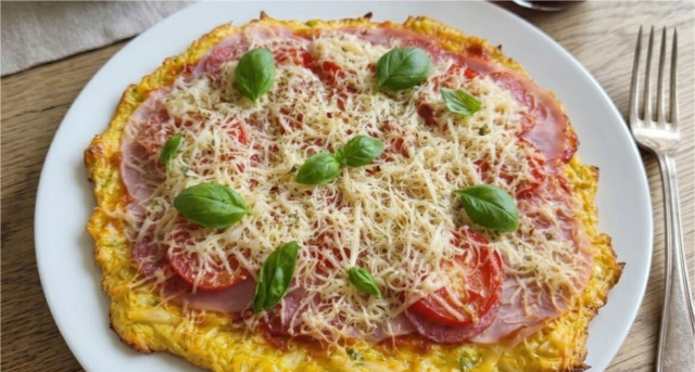 Cuketová pizza se šunkou, rajčetem a sýrem