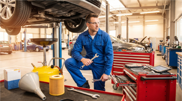 Autoservis, kde probíhá běžná údržba vozidla.