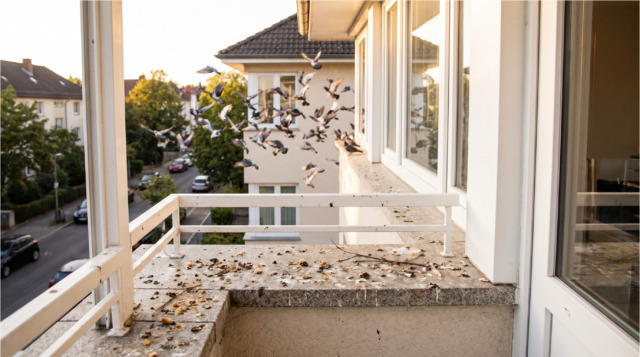 Balkon sousedky s holuby a znečištěná okna.