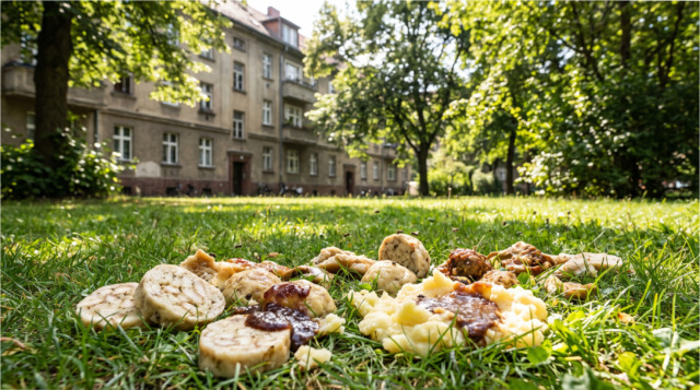 Trávník pokrytý vyhozeným jídlem.